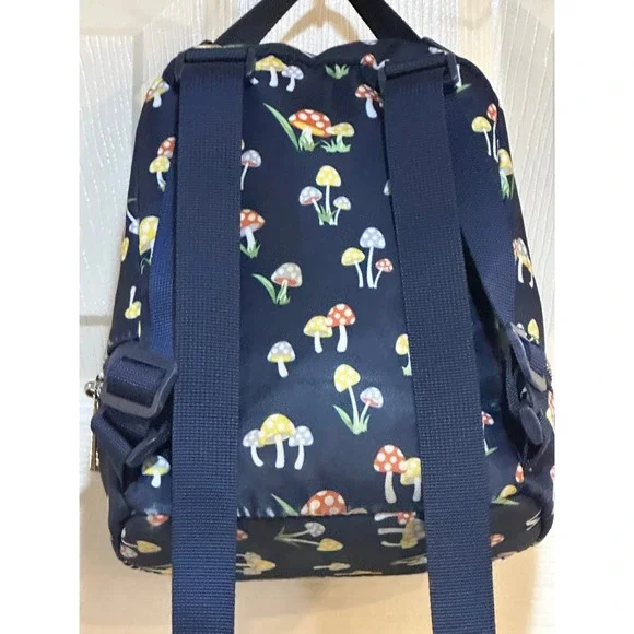 Navy Blue Mushroom Print Mini Backpack Cottagecore Nylon Small Bag - Picture 2 of 8